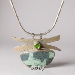 Vintage Sterling Silver Modernist Pendant Necklace with Peridot & Writing Stone