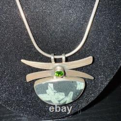 Vintage Sterling Silver Modernist Pendant Necklace with Peridot & Writing Stone