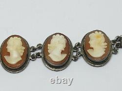 Vintage Sterling Silver Multi Carved Shell Cameo Link Bracelet