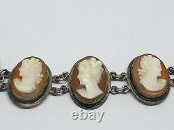 Vintage Sterling Silver Multi Carved Shell Cameo Link Bracelet