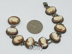 Vintage Sterling Silver Multi Carved Shell Cameo Link Bracelet