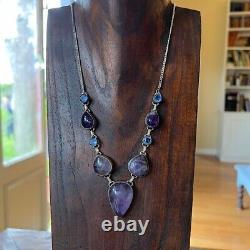 Vintage Sterling Silver Multi Gem Stone Statement Necklace Amethysts Blue Topaz