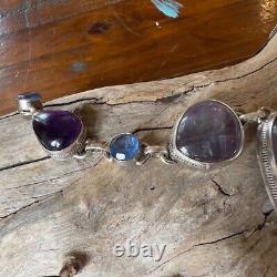 Vintage Sterling Silver Multi Gem Stone Statement Necklace Amethysts Blue Topaz