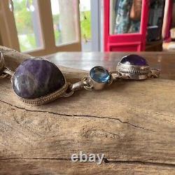 Vintage Sterling Silver Multi Gem Stone Statement Necklace Amethysts Blue Topaz