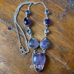 Vintage Sterling Silver Multi Gem Stone Statement Necklace Amethysts Blue Topaz