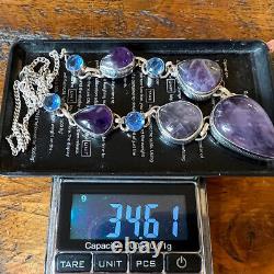 Vintage Sterling Silver Multi Gem Stone Statement Necklace Amethysts Blue Topaz