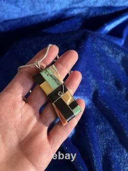 Vintage Sterling Silver Multi Stone Native American Pendant Necklace 22in