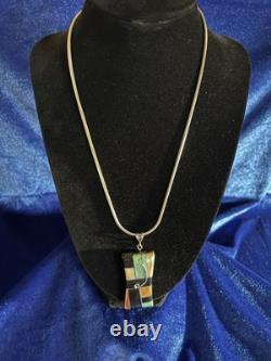 Vintage Sterling Silver Multi Stone Native American Pendant Necklace 22in
