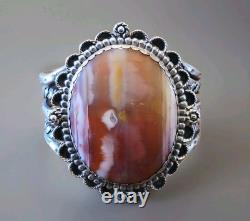 Vintage Sterling Silver Native American Agatized Petrified Wood Cuff Bracelet