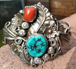 Vintage Sterling Silver Native American Turquoise Red Coral Cuff Bracelet 36.5 G