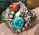 Vintage Sterling Silver Native American Turquoise Red Coral Cuff Bracelet 36.5 G