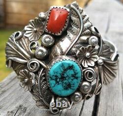 Vintage Sterling Silver Native American Turquoise Red Coral Cuff Bracelet 36.5 G