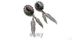 Vintage Sterling Silver Navajo Running Bear Turquoise Inlay Feather Earrings