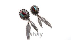 Vintage Sterling Silver Navajo Running Bear Turquoise Inlay Feather Earrings