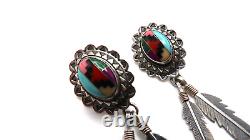 Vintage Sterling Silver Navajo Running Bear Turquoise Inlay Feather Earrings