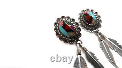 Vintage Sterling Silver Navajo Running Bear Turquoise Inlay Feather Earrings