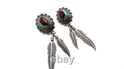 Vintage Sterling Silver Navajo Running Bear Turquoise Inlay Feather Earrings