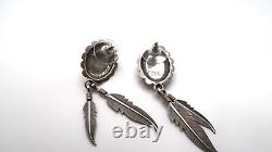 Vintage Sterling Silver Navajo Running Bear Turquoise Inlay Feather Earrings