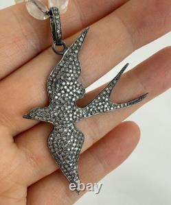 Vintage Sterling Silver Pave Diamond Bird Pendant Necklace With Moonstone Beads