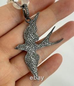 Vintage Sterling Silver Pave Diamond Bird Pendant Necklace With Moonstone Beads