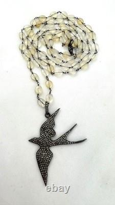 Vintage Sterling Silver Pave Diamond Bird Pendant Necklace With Moonstone Beads