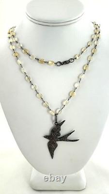 Vintage Sterling Silver Pave Diamond Bird Pendant Necklace With Moonstone Beads