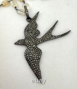 Vintage Sterling Silver Pave Diamond Bird Pendant Necklace With Moonstone Beads