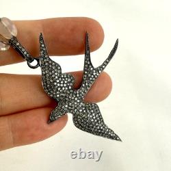 Vintage Sterling Silver Pave Diamond Bird Pendant Necklace With Moonstone Beads