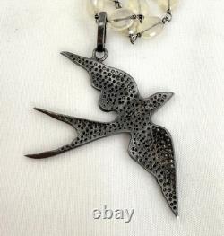 Vintage Sterling Silver Pave Diamond Bird Pendant Necklace With Moonstone Beads