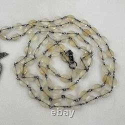 Vintage Sterling Silver Pave Diamond Bird Pendant Necklace With Moonstone Beads