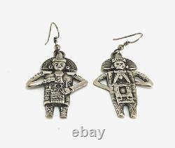 Vintage Sterling Silver Quetzlcoatl Lord Of Life & Death Figural Earrings, LUD