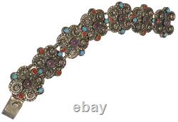 Vintage Sterling Silver Repoussé Coral Amethyst Artisan Panel Link Bracelet