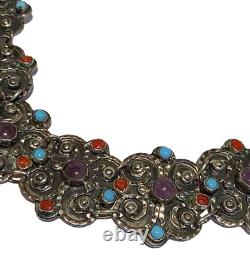 Vintage Sterling Silver Repoussé Coral Amethyst Artisan Panel Link Bracelet