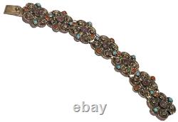 Vintage Sterling Silver Repoussé Coral Amethyst Artisan Panel Link Bracelet