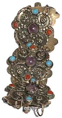 Vintage Sterling Silver Repoussé Coral Amethyst Artisan Panel Link Bracelet