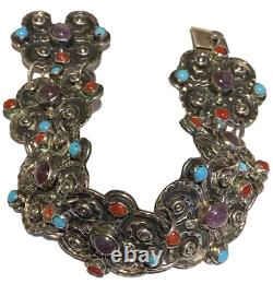 Vintage Sterling Silver Repoussé Coral Amethyst Artisan Panel Link Bracelet