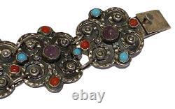 Vintage Sterling Silver Repoussé Coral Amethyst Artisan Panel Link Bracelet