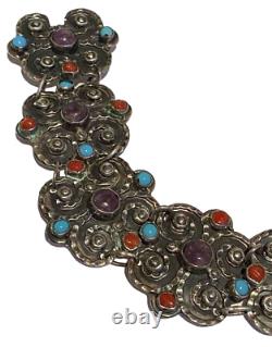 Vintage Sterling Silver Repoussé Coral Amethyst Artisan Panel Link Bracelet