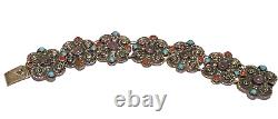 Vintage Sterling Silver Repoussé Coral Amethyst Artisan Panel Link Bracelet