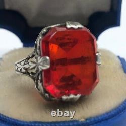 Vintage Sterling Silver Ring 925 Size 5 Deco Red Faux Ruby Glass
