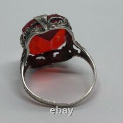 Vintage Sterling Silver Ring 925 Size 5 Deco Red Faux Ruby Glass