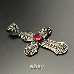 Vintage Sterling Silver Ruby  Cross Pendant