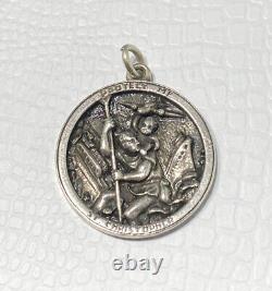 Vintage Sterling Silver Saint Christopher Protect Us 3D Medal Bust Two Sided
