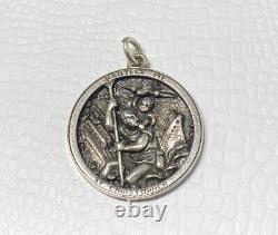 Vintage Sterling Silver Saint Christopher Protect Us 3D Medal Bust Two Sided