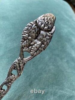 Vintage Sterling Silver Serving Spoon with Berry & Leaf Design Handle