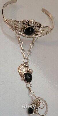 Vintage Sterling Silver Southwestern Black Onyx Slave Cuff. Ring size 5 1/2