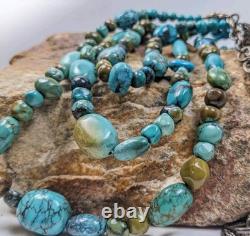 Vintage Sterling Silver Turquoise 3 Strand Beaded Necklace Gemstone Jewelry 24