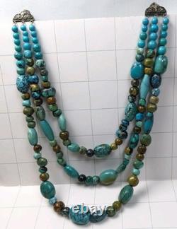 Vintage Sterling Silver Turquoise 3 Strand Beaded Necklace Gemstone Jewelry 24