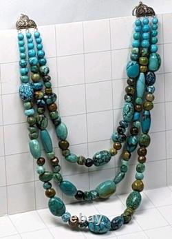 Vintage Sterling Silver Turquoise 3 Strand Beaded Necklace Gemstone Jewelry 24