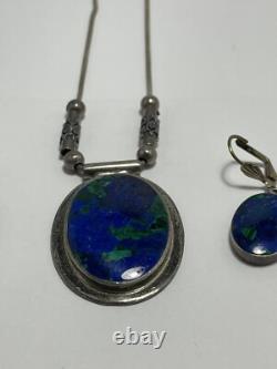 Vintage Sterling Silver Turquoise Jewelry Set Necklace Pendant Earrings